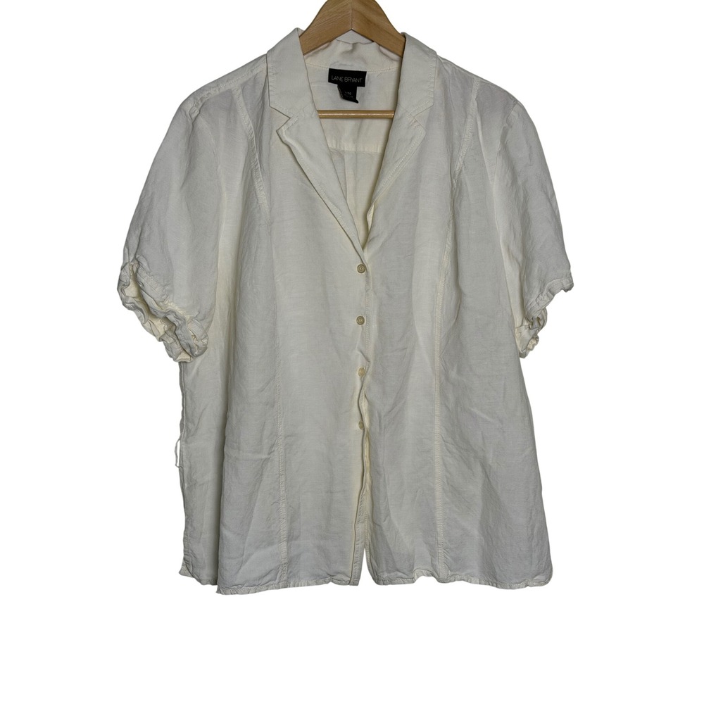 Lane Bryant Linen Top Womens 18/20 Ivory Short Sleeve Button-Down EUC